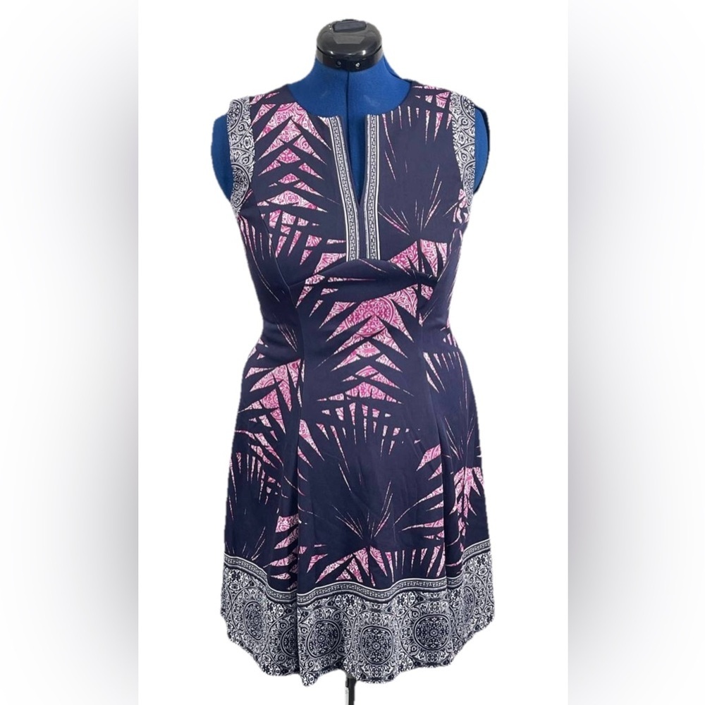 Maggy London Mixed‎ Print Fit & Flare Scuba Mini Dress Purple Pink Palm Sz 4